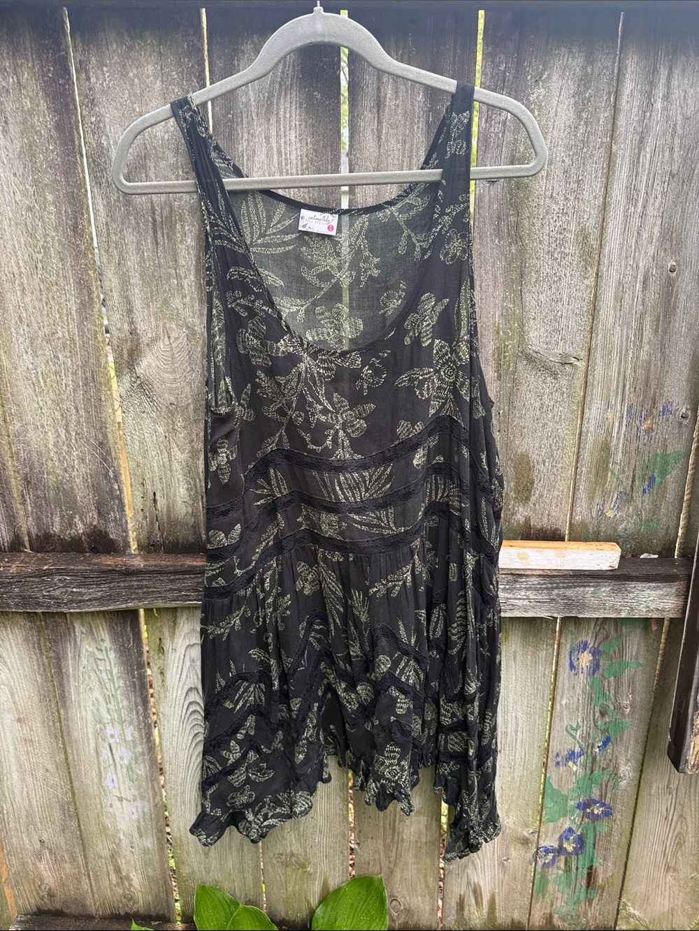 Free People Black Tank Top with Olive Floral Print